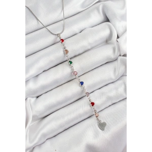 Pirinç Gümüş Renk Karışık Renk Zirkon Taşlı Kalpli Y Kadın Kolye