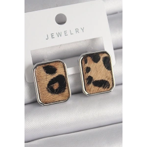 Pirinç Gümüş Renk Leopar Desenli Kare Model Kadın Küpe