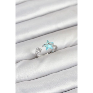 Pirinç Gümüş Renk Mavi Yıldızlı Model Kadın Yüzük