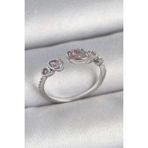 Pirinç Gümüş Renk Pembe Damla Zirkon Taşlı Ayarlanabilir Model Kadın Yüzük