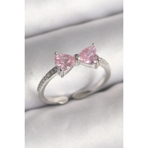 Pirinç Gümüş Renk Pembe Zirkon Taşlı Kalp Fiyonk Model Kadın Yüzük