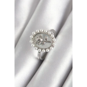 Pirinç Gümüş Renk Portre Gül Model İnci Detay Kadın Yüzük