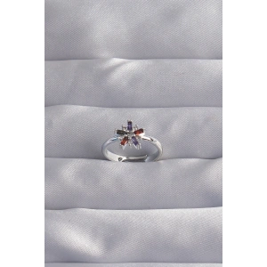 Pirinç Gümüş Renk Renkli Zirkon Taşlı Ayarlamalı Yüzük