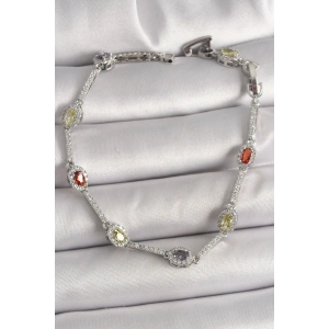 Pirinç Gümüş Renk Renkli Zirkon Taşlı Damla Taş Model Kadın Bileklik