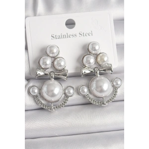 Pirinç Gümüş Renk Sallantı İncili Çapa Model Kadın Küpe