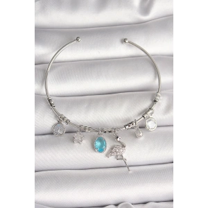 Pirinç Gümüş Renk Sallantı Zirkon Taşlı Filaminga Figür Charm Kadın Bileklik