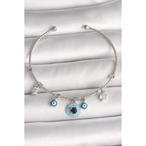 Pirinç Gümüş Renk Sallantı Zirkon Taşlı Nazar Boncuk Figür Charm Kadın Bileklik