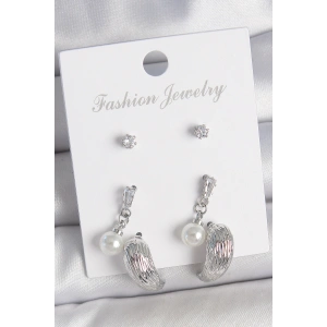 Pirinç Gümüş Renk Sallantılı Zirkon Taşlı Damla Model 3 Çift Kadın Küpe Seti