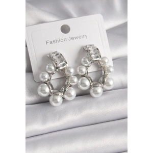 Pirinç Gümüş Renk Su Yolu Zirkon Taşlı İncili Halka Model Kadın Küpe