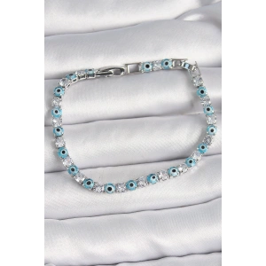 Pirinç Gümüş Renk Su Yolu Zirkon Taşlı Nazar Boncuklu Kadın Bileklik