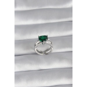 Pirinç Gümüş Renk Yeşil Zirkon Taşlı Tek Taş Model Kadın Yüzük