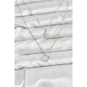 Pirinç Gümüş Renk Yonca Model 2li Kadın Kolye
