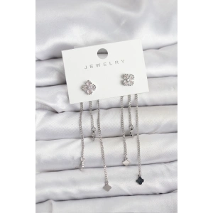 Pirinç Gümüş Renk Yonca Model Sallantılı Kadın Küpe