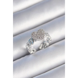 Pirinç Gümüş Renk Zincir Kordon Zirkon Taşlı Kalp Model Kadın Yüzük