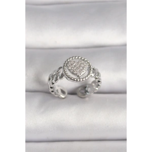 Pirinç Gümüş Renk Zincir Model Zirkon Taşlı Kalp Model Kadın Yüzük