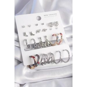 Pirinç Gümüş Renk Zirkon Taş Detaylı 12 Çift Kadın Küpe