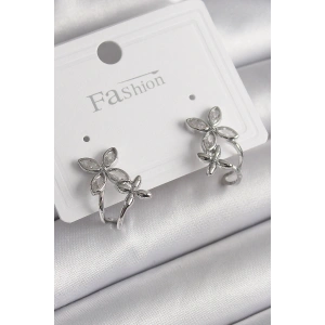 Pirinç Gümüş Renk Zirkon Taşlı 2Li Çiçek Model Kadın Küpe