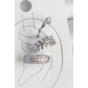 Pirinç Gümüş Renk Zirkon Taşlı 3Lü Model Yaprak Figür Kadın Kıkırdak Küpe