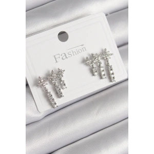 Pirinç Gümüş Renk Zirkon Taşlı 3Lü Sallantı Yıldız Model Kadın Küpe