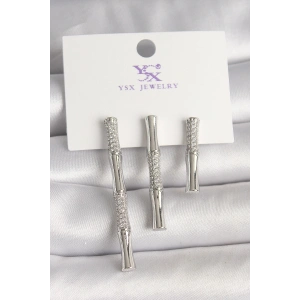 Pirinç Gümüş Renk Zirkon Taşlı Bambu Model 3Lü Kadın Kombin Küpe