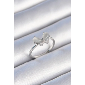 Pirinç Gümüş Renk Zirkon Taşlı Beyaz Mineli Kelebek Model Kadın Yüzük