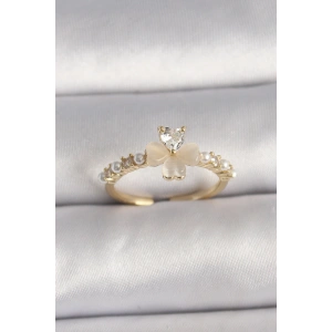 Pirinç Gümüş Renk Zirkon Taşlı Beyaz Mineli Yonca Model İnci Detay Ayarlanabilir Yüzük