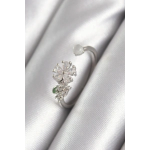 Pirinç Gümüş Renk Zirkon Taşlı Çiçek Model Kadın Yüzük