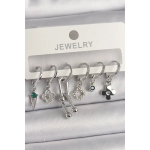 Pirinç Gümüş Renk Zirkon Taşlı Çoklu Figür Kadın Küpe Seti