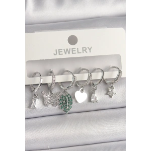 Pirinç Gümüş Renk Zirkon Taşlı Çoklu Figür Kadın Küpe Seti