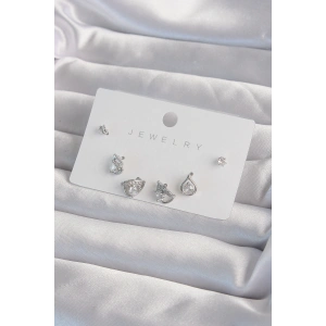 Pirinç Gümüş Renk Zirkon Taşlı Damla Model Küpe Seti