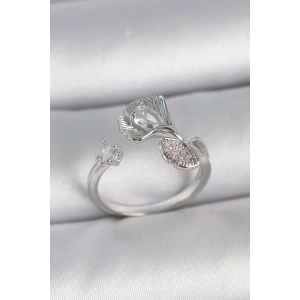 Pirinç Gümüş Renk Zirkon Taşlı Deniz Kabuğu Model Ayarlanabilir Kadın Yüzük