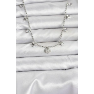 Pirinç Gümüş Renk Zirkon Taşlı Deniz Kabuğu Model Kadın Kolye