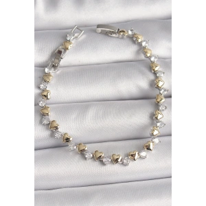 Pirinç Gümüş Renk Zirkon Taşlı Gold Kalpli VIP Seri Kadın Bileklik