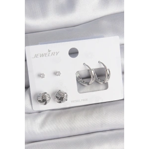 Pirinç Gümüş Renk Zirkon Taşlı Halka Model 3 Çift Kadın Küpe Seti