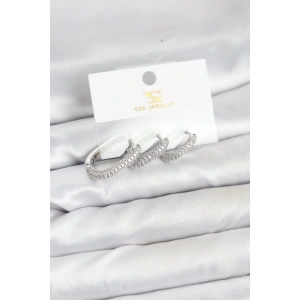 Pirinç Gümüş Renk Zirkon Taşlı Halka Model YSX Trio Küpe Seti