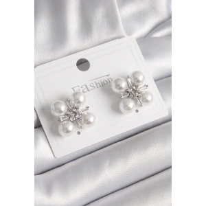 Pirinç Gümüş Renk Zirkon Taşlı İncili Kadın Küpe