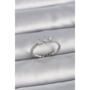 Pirinç Gümüş Renk Zirkon Taşlı Kalp İnci Detay Ayarlanabilir Model Kadın Yüzük