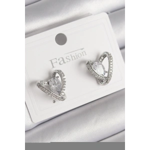 Pirinç Gümüş Renk Zirkon Taşlı Kalp Model Kadın Küpe