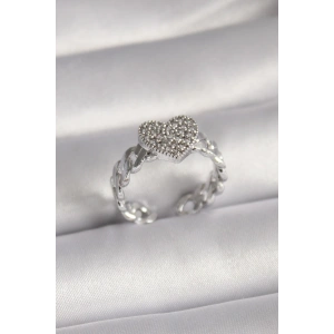 Pirinç Gümüş Renk Zirkon Taşlı Kalp Model Kadın Yüzük