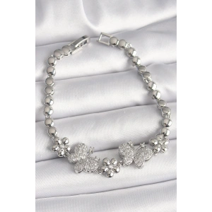 Pirinç Gümüş Renk Zirkon Taşlı Kelebek Figür Çiçek Zincir Model Kadın Bileklik