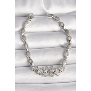 Pirinç Gümüş Renk Zirkon Taşlı Kelebek Figür Damla Zincir Model Kadın Bileklik