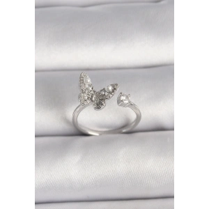 Pirinç Gümüş Renk Zirkon Taşlı Kelebek Model İnci Detay Ayarlanabilir Yüzük