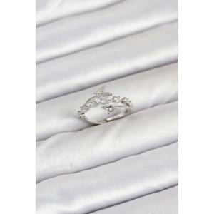 Pirinç Gümüş Renk Zirkon Taşlı Kelebek Model Kadın Yüzük