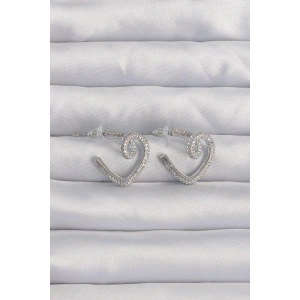Pirinç Gümüş Renk Zirkon Taşlı Kıvrımlı Yarım Kalp Küpe