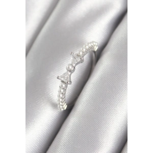 Pirinç Gümüş Renk Zirkon Taşlı Kurdele Model İnci Detay Kadın Yüzük