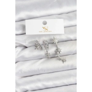 Pirinç Gümüş Renk Zirkon Taşlı Kutup Yıldızı Model YSX Trio Küpe Seti