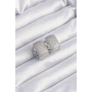 Pirinç Gümüş Renk Zirkon Taşlı Minimal Halka Küpe