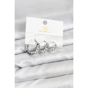 Pirinç Gümüş Renk Zirkon Taşlı Petek Halka Model YSX Trio Küpe Seti