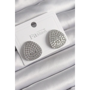 Pirinç Gümüş Renk Zirkon Taşlı Plaka Model Kadın Küpe