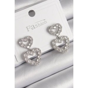 Pirinç Gümüş Renk Zirkon Taşlı Sallantı Kalp Model Kadın Küpe